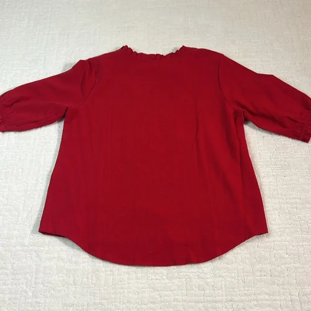 New! Komili romantic red embroidered ruffle neck puff sleeves feminine top L - Picture 7 of 9